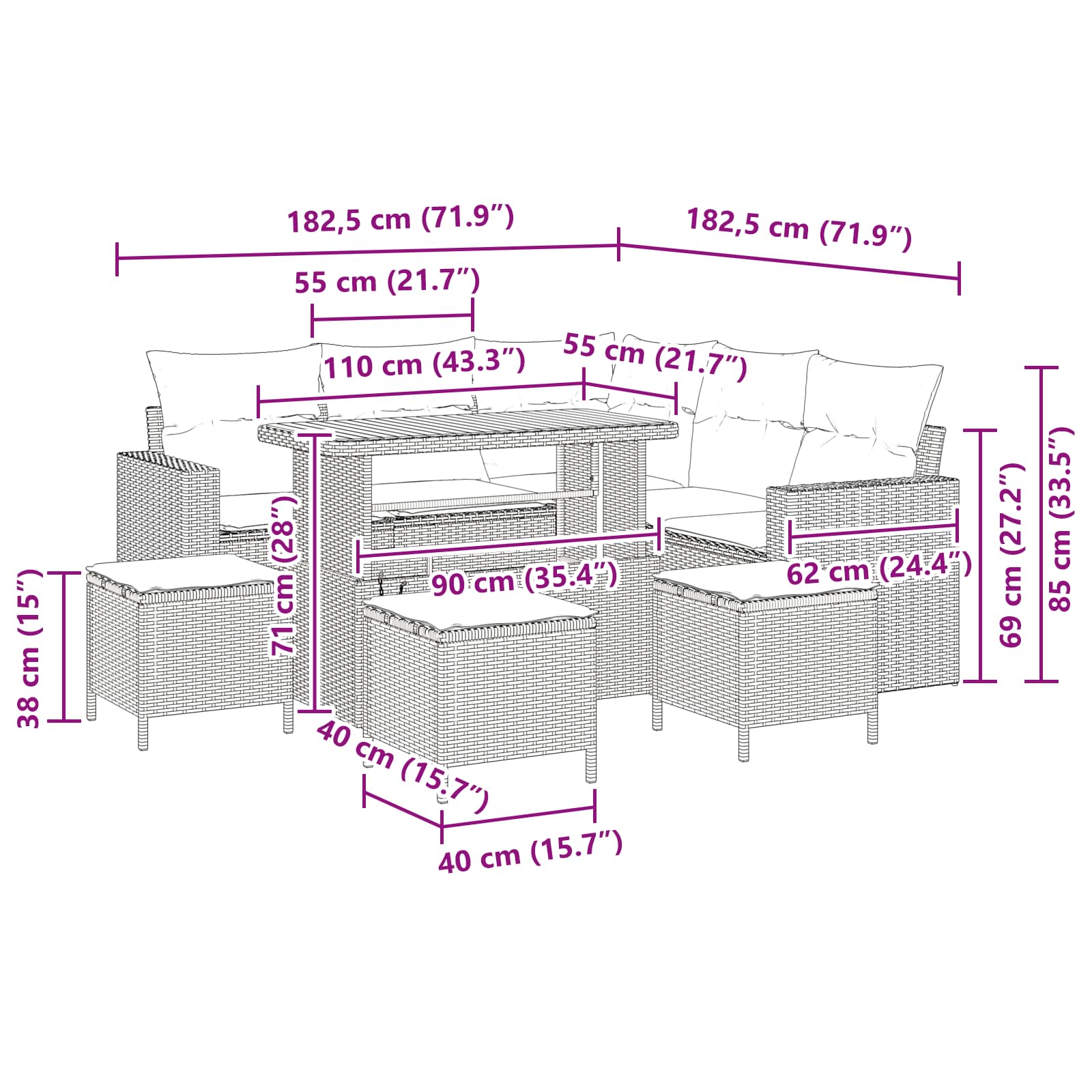 Gartensofa-set 9 pcs Schwarz Poly-Rattan