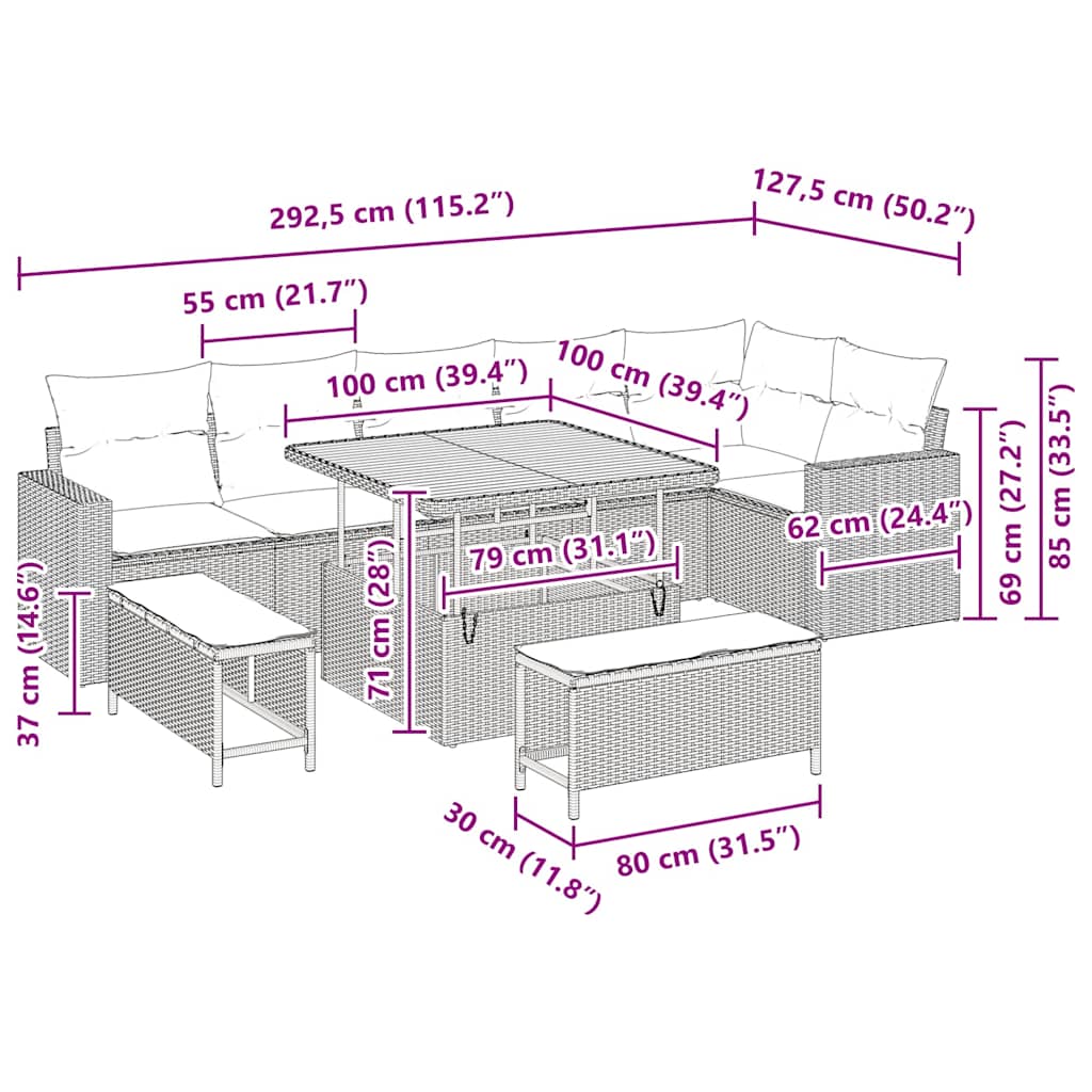 Gartensofa-set 9 pcs Grau Poly-Rattan