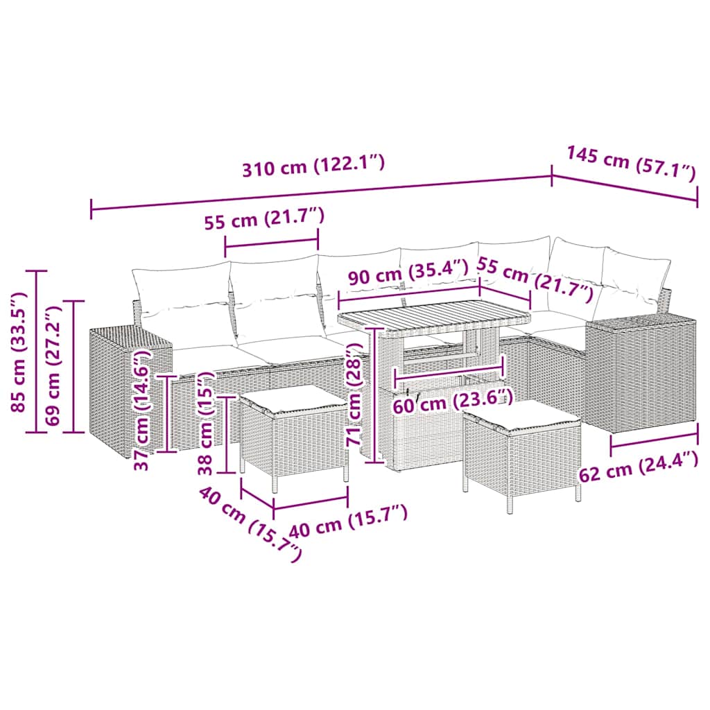 Gartensofa-set mit Kissen 9 pcs Grau Poly-Rattan
