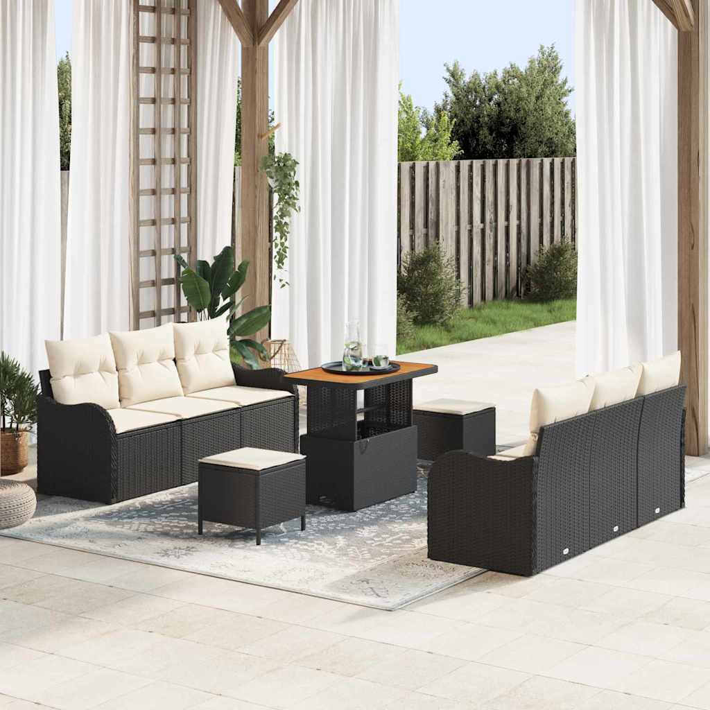 Gartensofa-set mit Kissen 9 pcs Schwarz Poly-Rattan