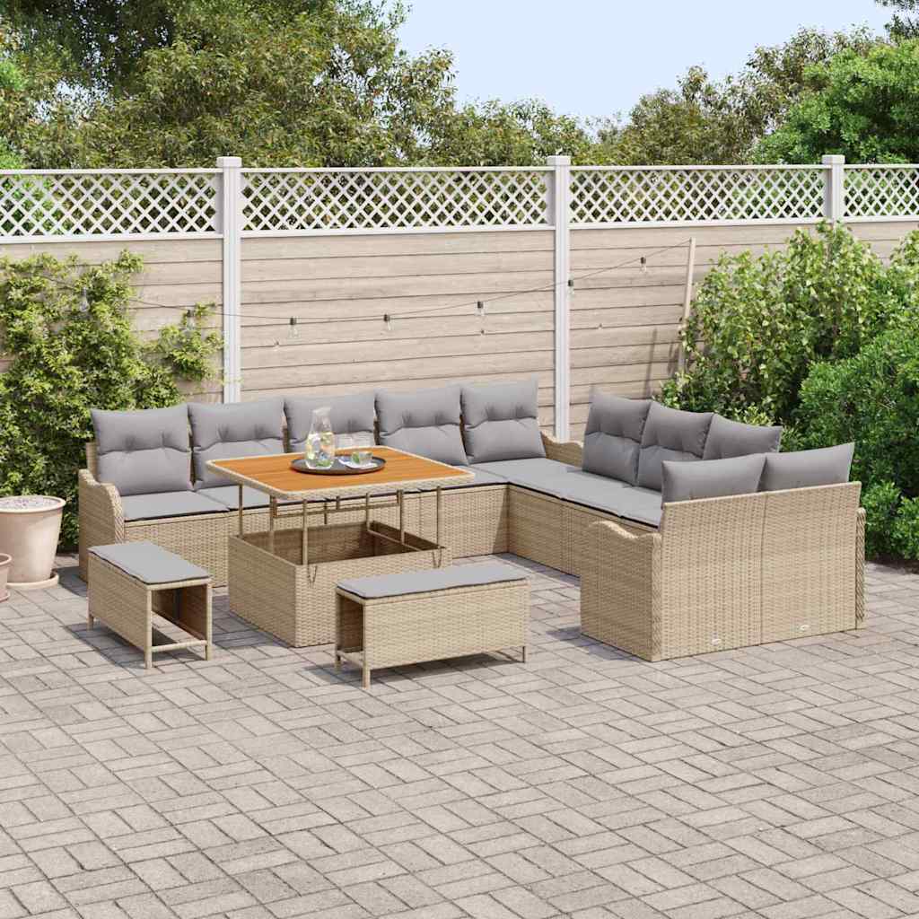 Garten-Sofa-Set mit Kissen 13 pcs Beige Poly-Rattan