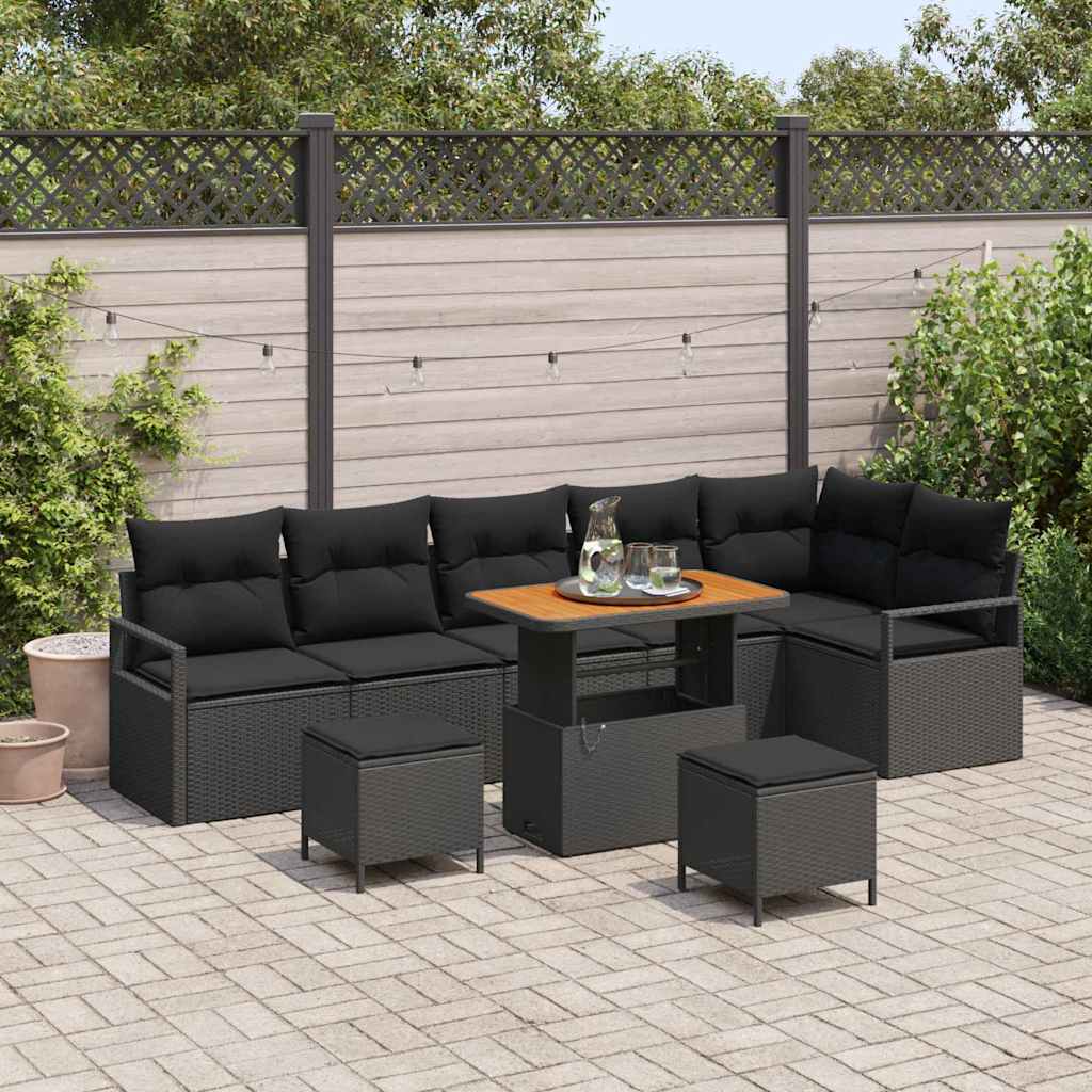 Garten-Sofa-Set mit Kissen 9 pcs Schwarz Poly Rattan
