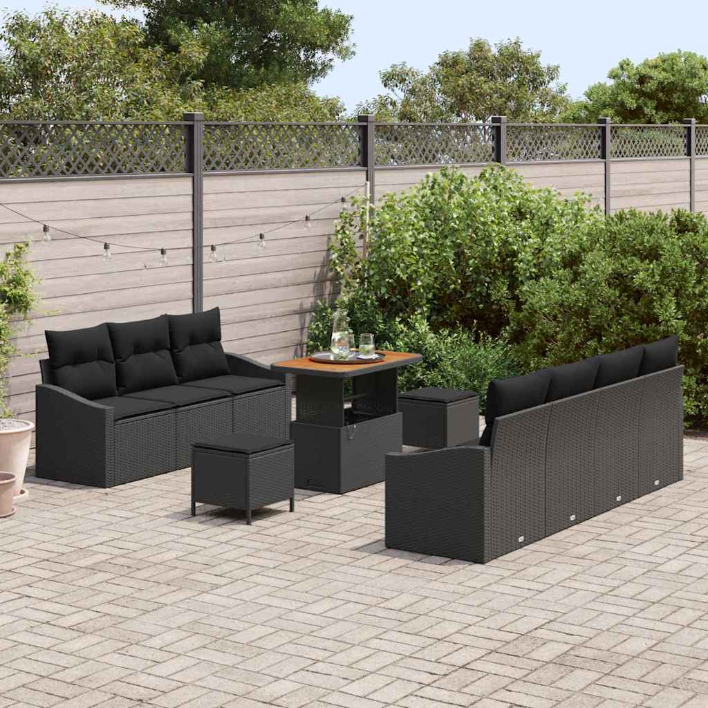 Gartensofa-set mit Kissen 10 pcs Schwarz Poly-Rattan