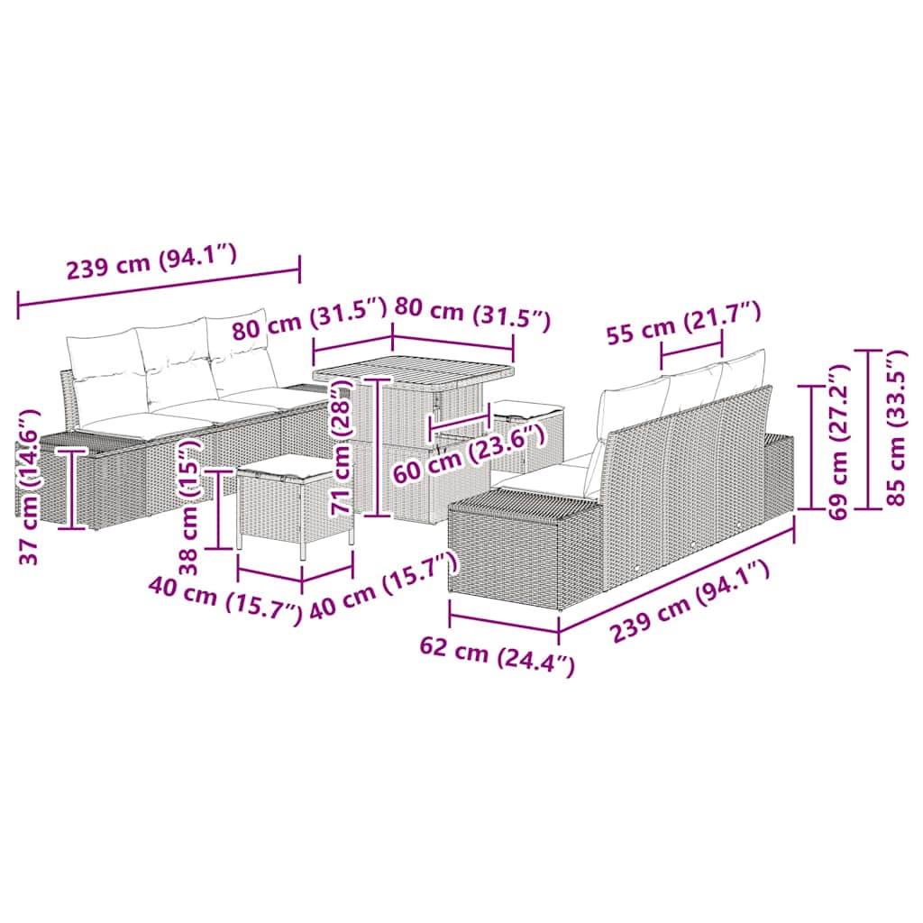 Gartensofa-set mit Kissen 9 pcs Schwarz Poly-Rattan