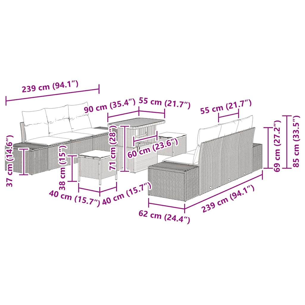 Gartensofa-set mit Kissen 9 pcs Schwarz Poly-Rattan