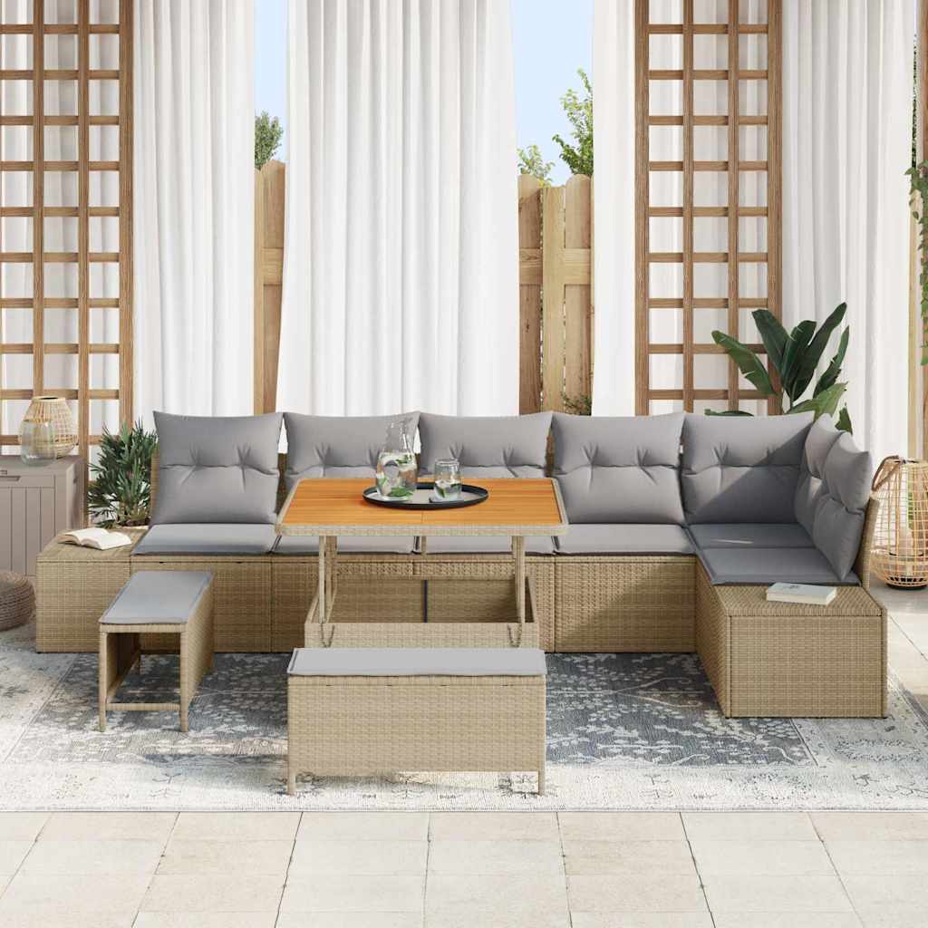Gartensofa-set mit Kissen 9 pcs Beige Poly-Rattan