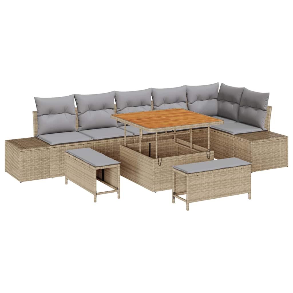 Gartensofa-set mit Kissen 9 pcs Beige Poly-Rattan