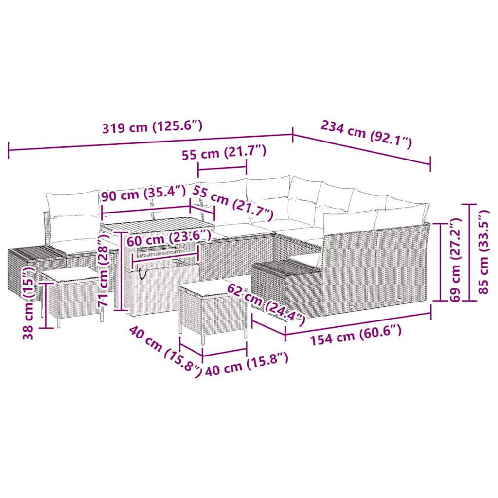 Gartensofa-set mit Kissen 12 pcs Schwarz Poly-Rattan