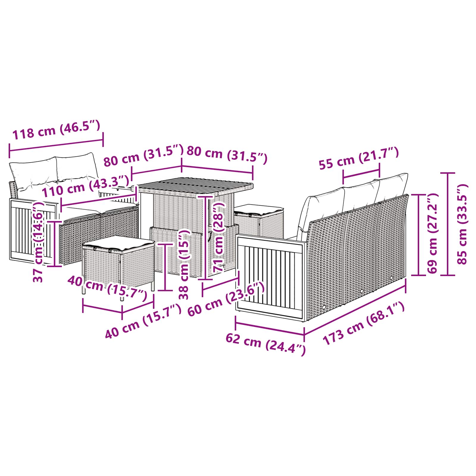 Gartensofa-set mit Kissen 8 pcs Schwarz