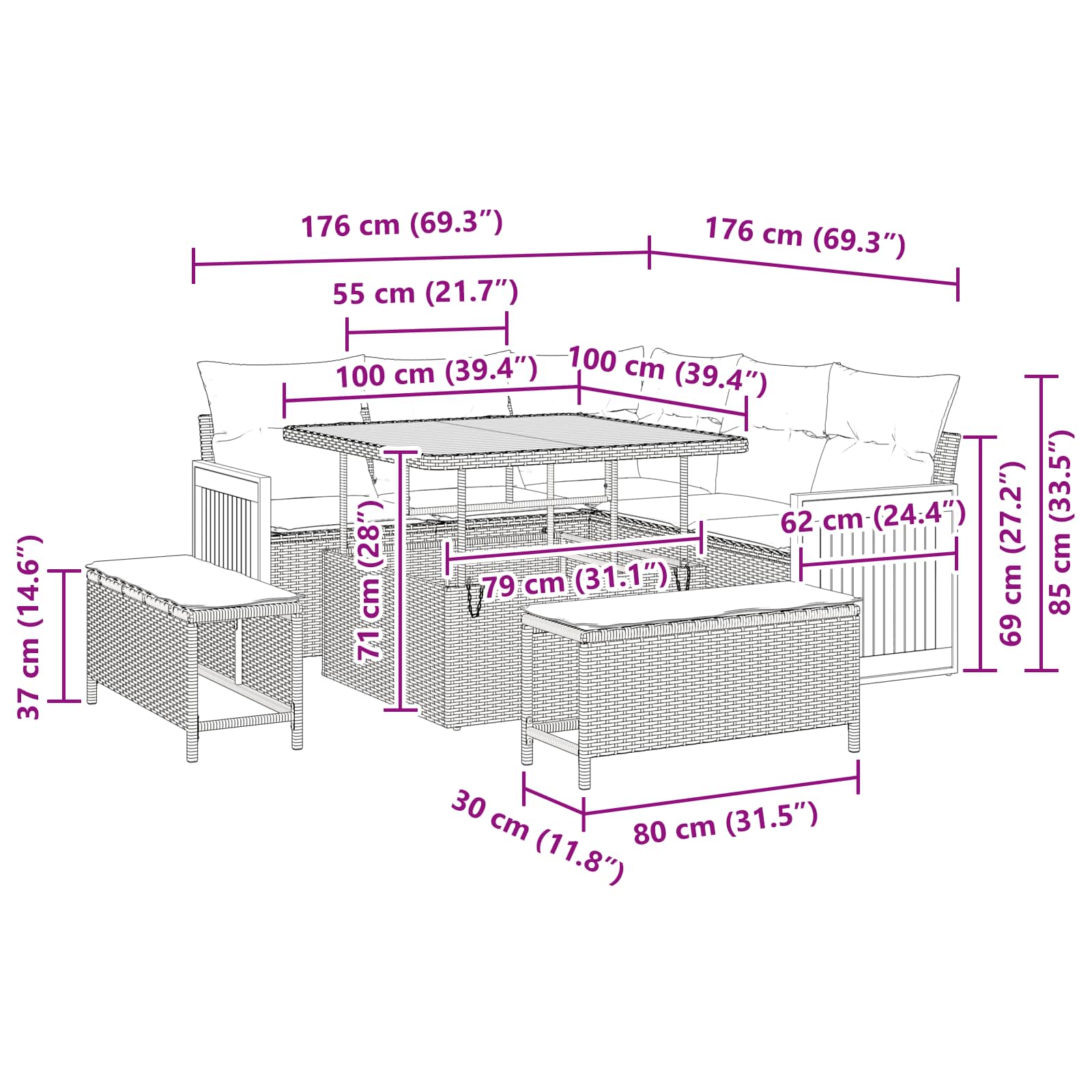 Gartensofa-set mit Kissen 8 pcs Schwarz