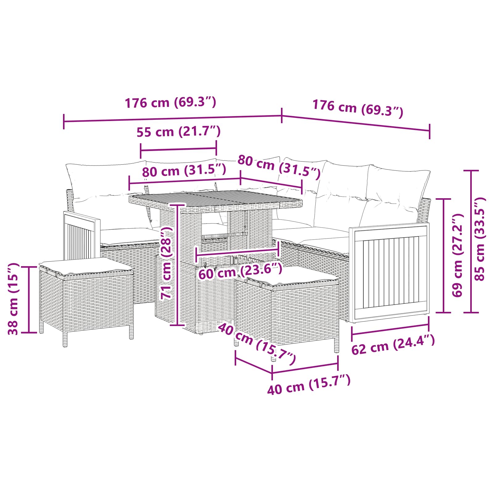 Gartensofa-set mit Kissen 8 pcs Grau
