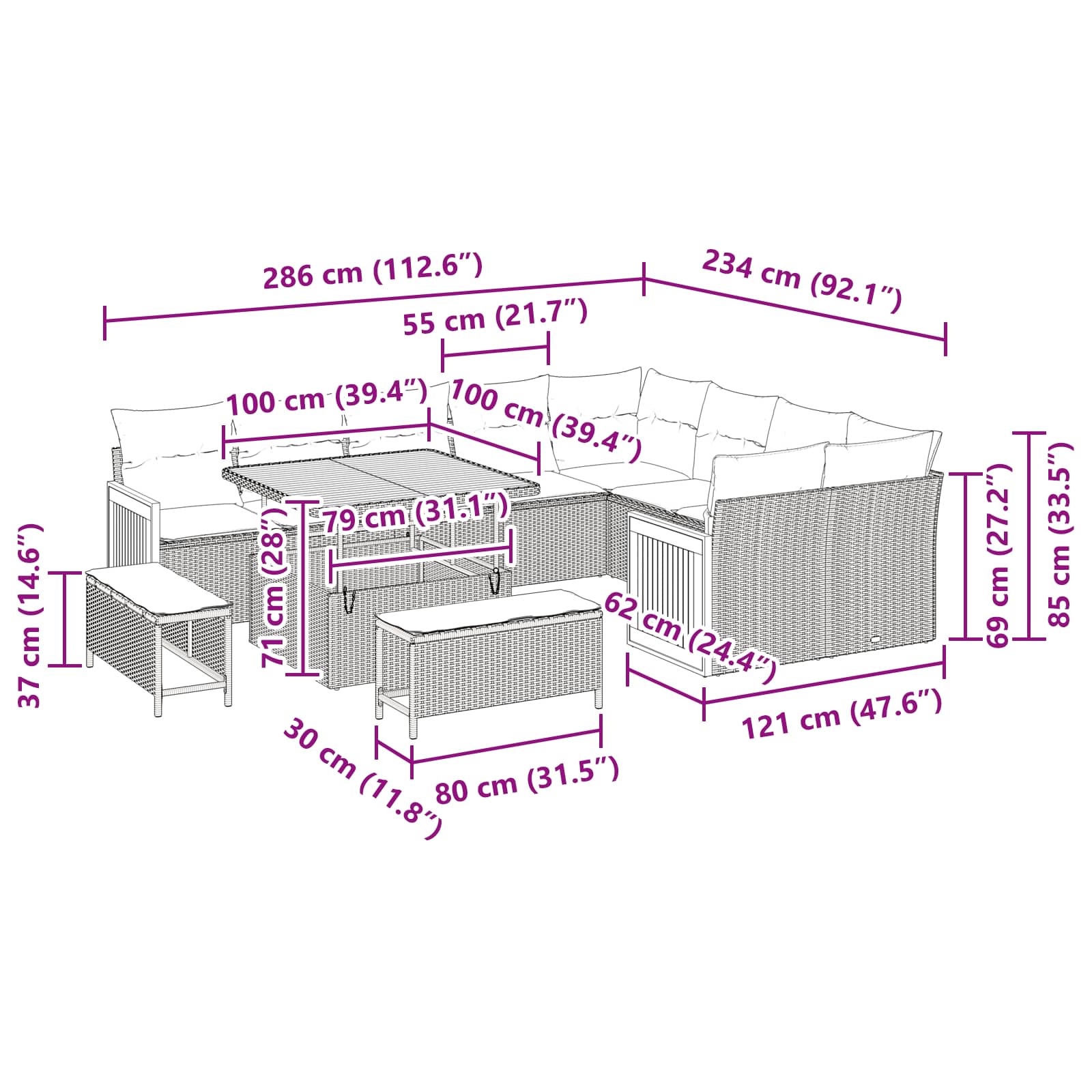 Gartensofa-set mit Kissen 12 pcs Schwarz