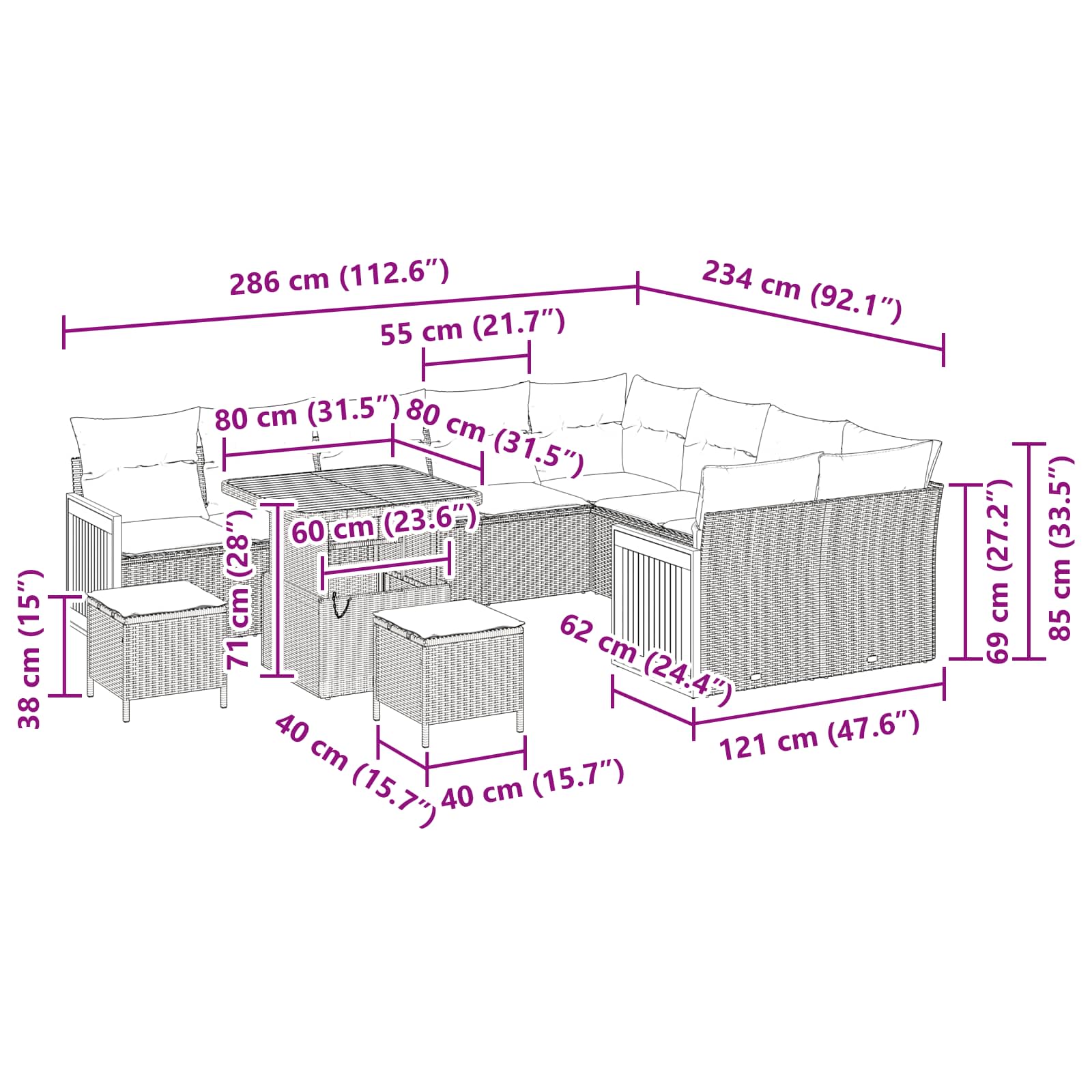 Gartensofa-set mit Kissen 12 pcs Schwarz