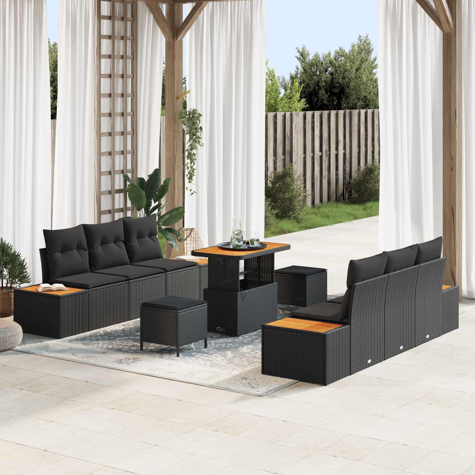 Gartensofa-set mit Kissen 9 pcs Schwarz