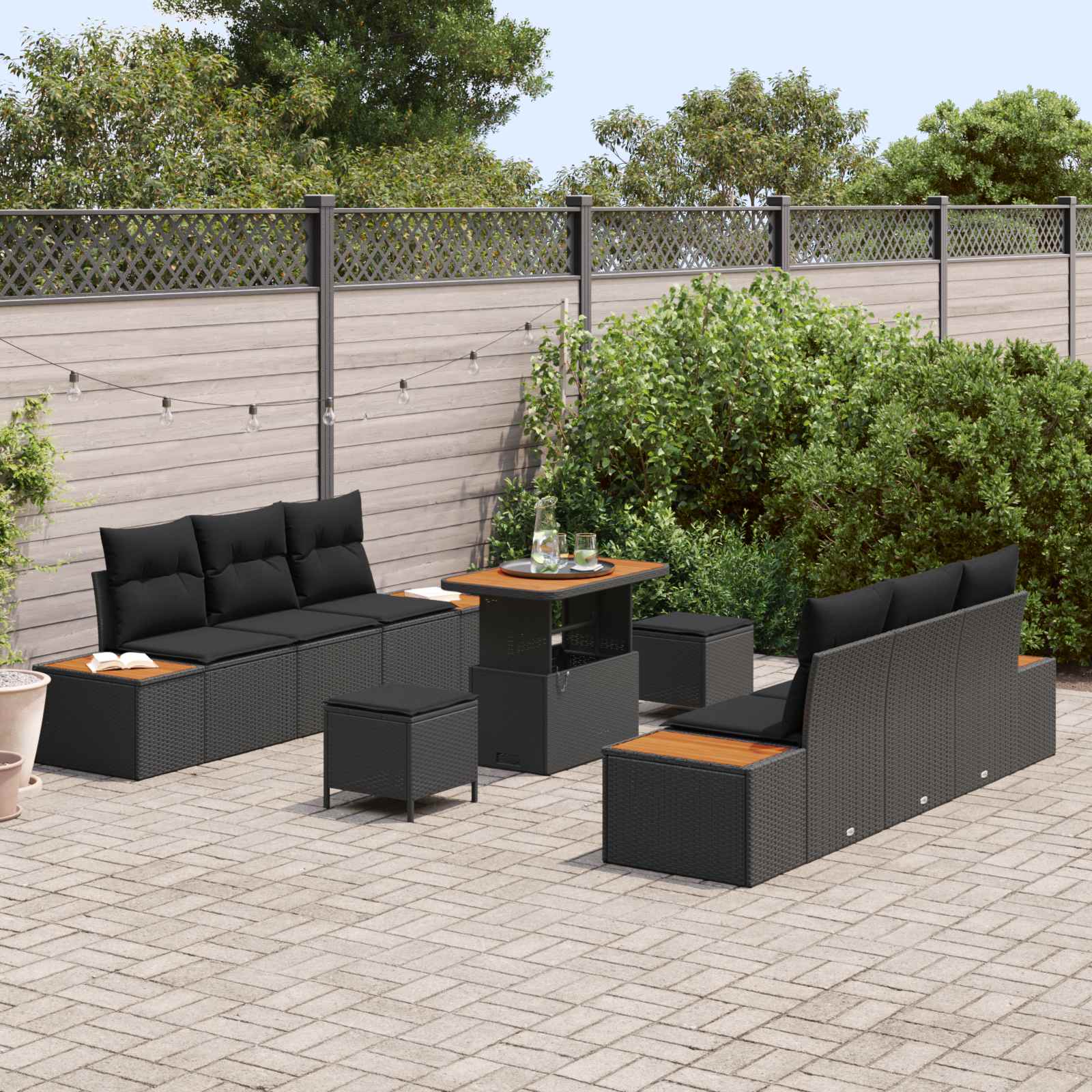 Gartensofa-set mit Kissen 9 pcs Schwarz