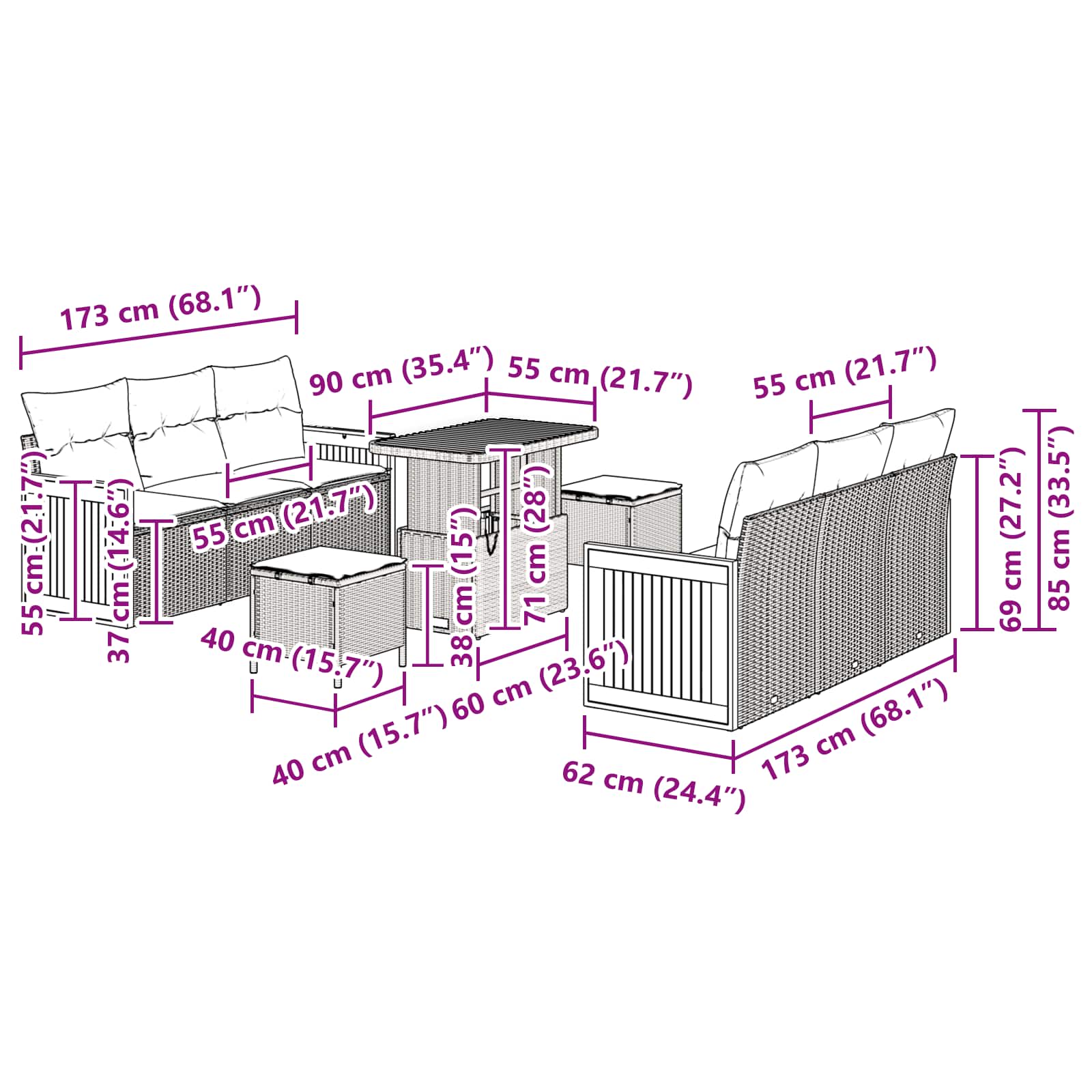 Gartensofa-set mit Kissen 9 pcs Schwarz