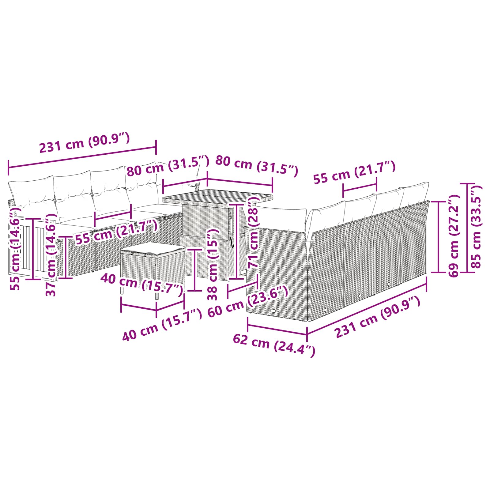 Gartensofa-set mit Kissen 11 pcs Schwarz