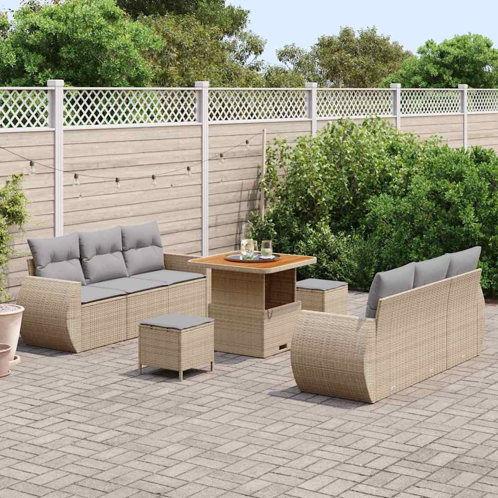 Gartensofa-set mit Kissen 9 pcs Beige und Hellgrau Poly-Rattan