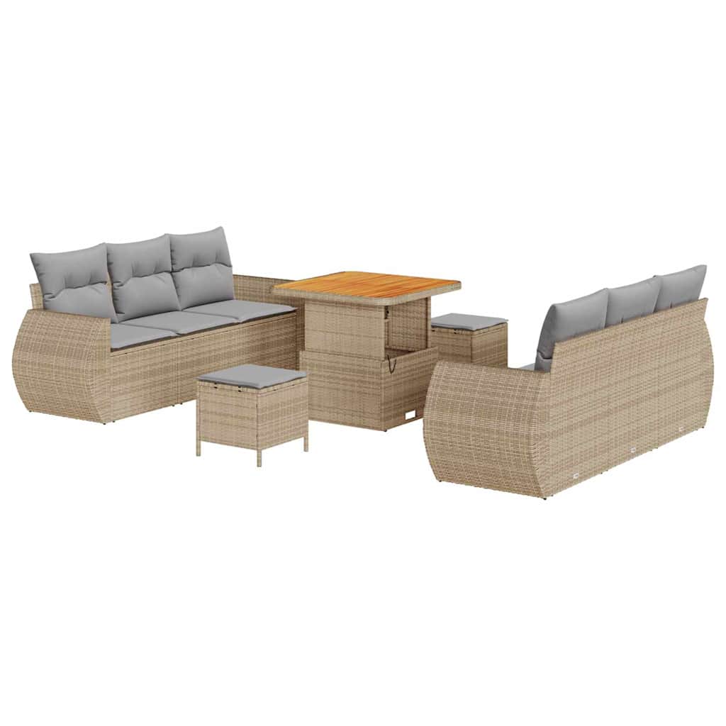Gartensofa-set mit Kissen 9 pcs Beige und Hellgrau Poly-Rattan