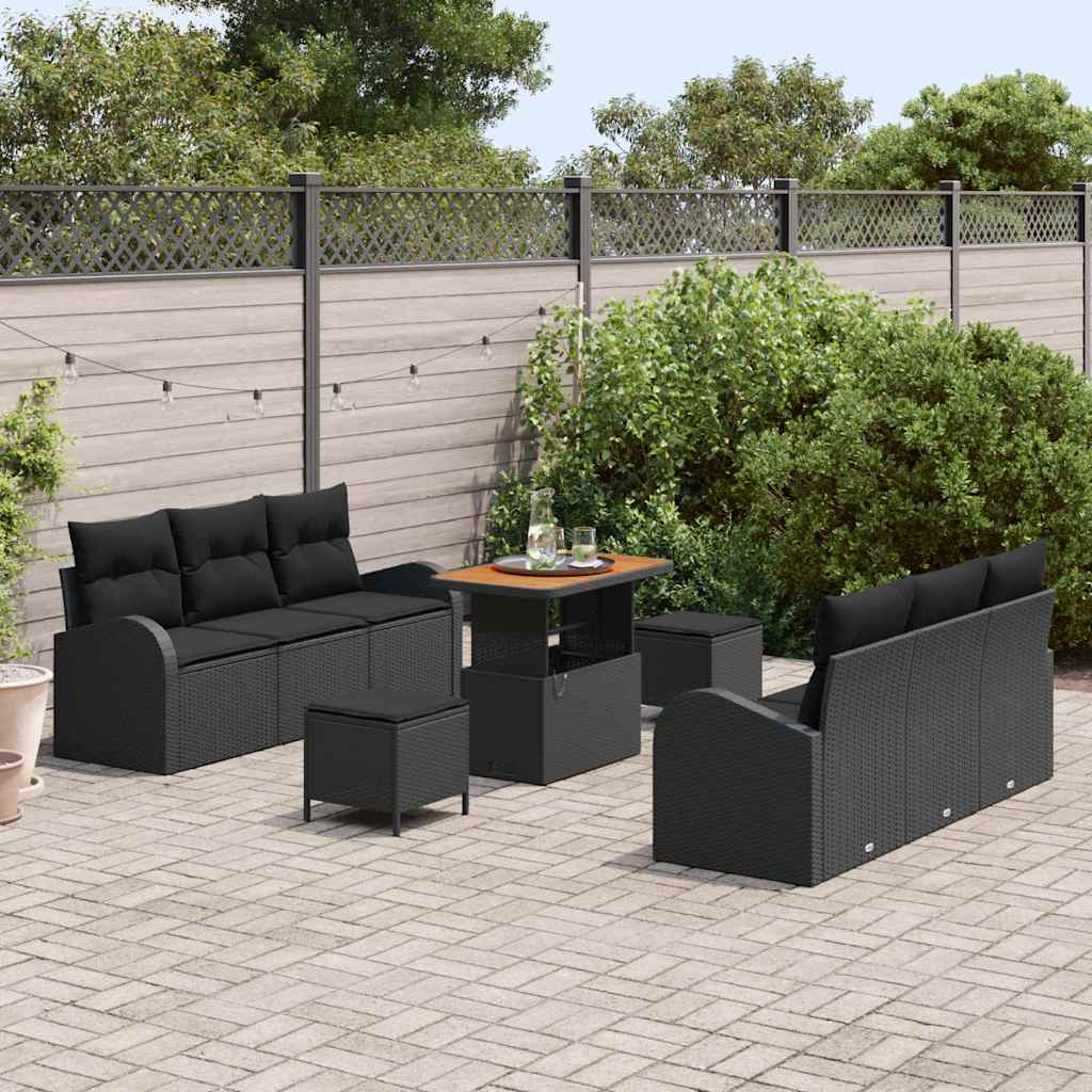 Garten-Sofa-Set mit Kissen mit Speicher 9 pcs Schwarz