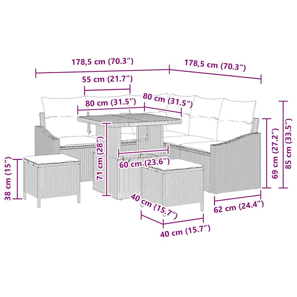 Gartensofa-set mit Kissen mit Speicher 8 pcs Grau Poly Rattan