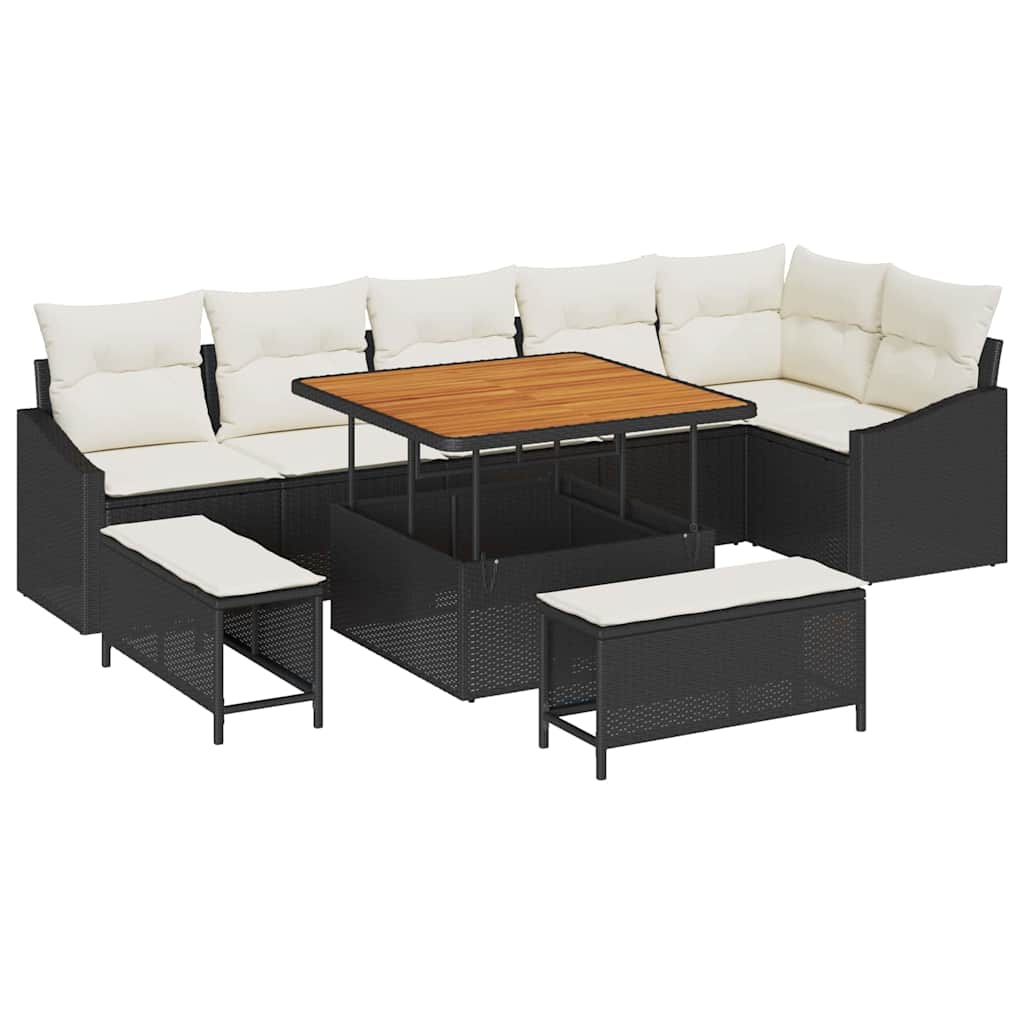 Gartensofa-set mit Kissen 9 pcs Schwarz Poly Rattan
