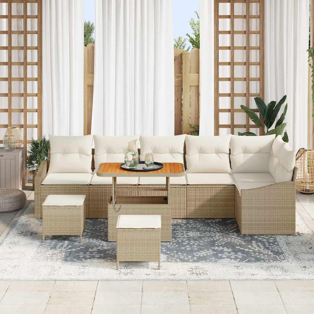 Gartensofa-set mit Kissen mit Speicher 9 pcs Beige Poly Rattan