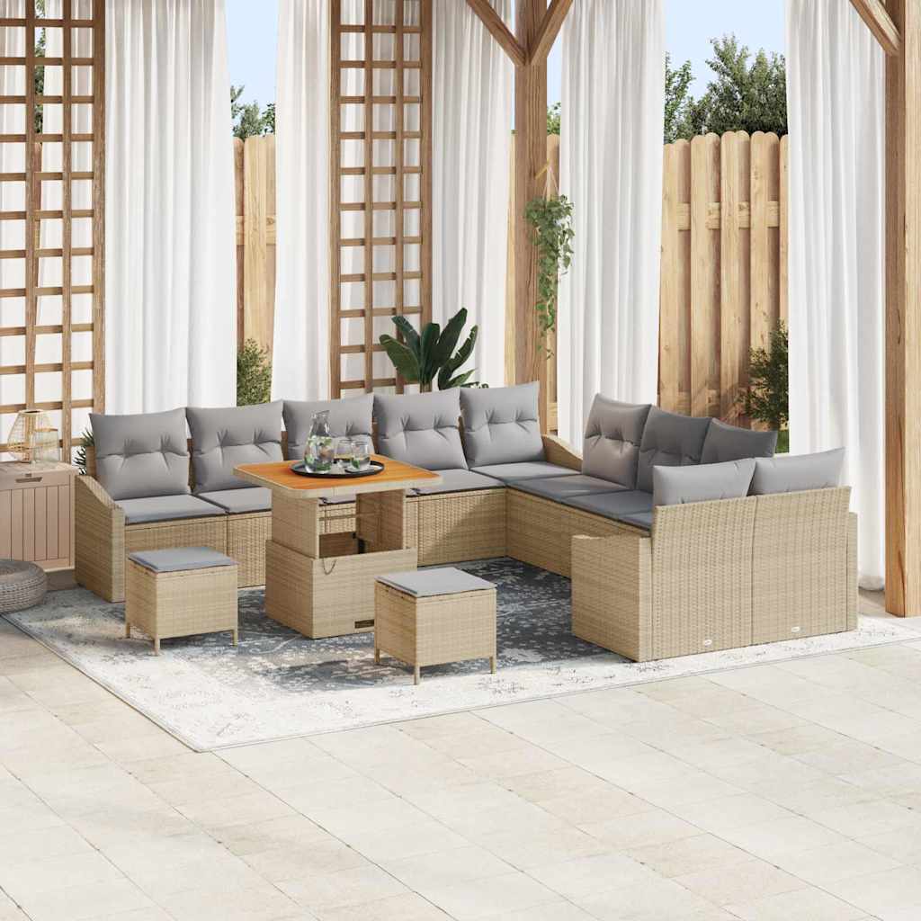 Gartensofa-set mit Kissen mit Speicher 13 pcs Beige Poly Rattan