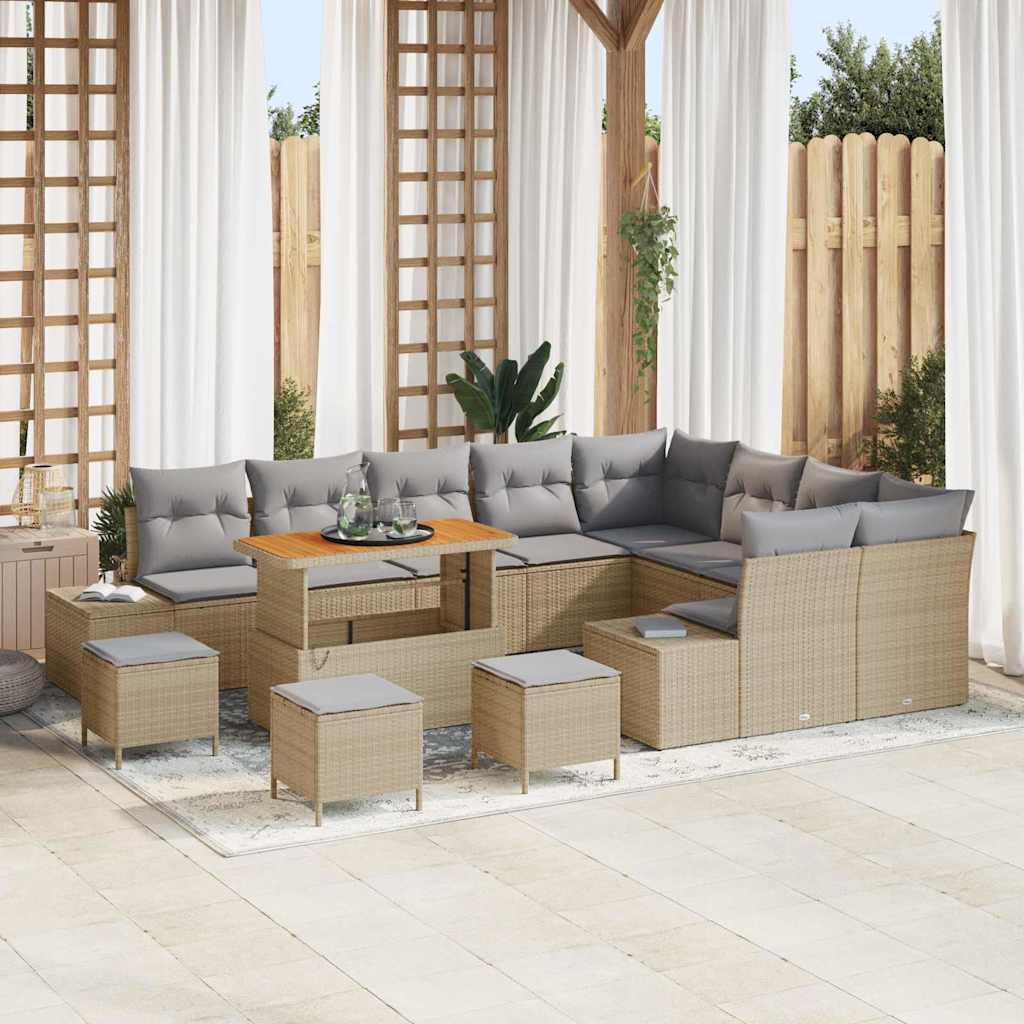 Gartensofa-set mit Kissen mit Speicher 13 pcs Beige Poly Rattan