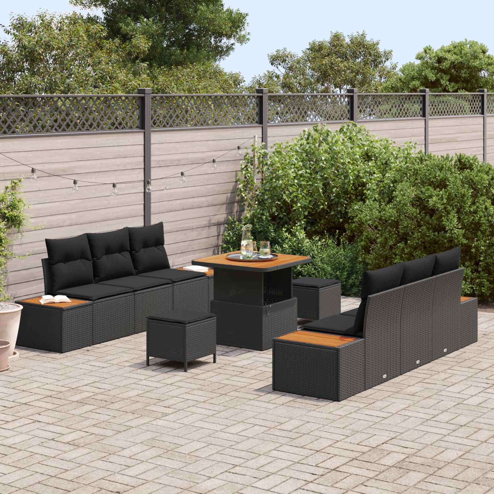 Gartensofa-set mit Kissen 9 pcs Schwarz Poly Rattan