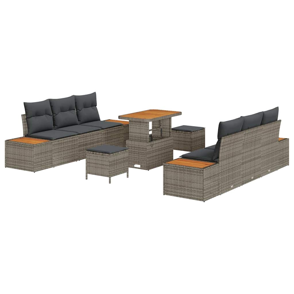 Gartensofa-set mit Kissen mit Speicher 9 pcs Grau Poly Rattan