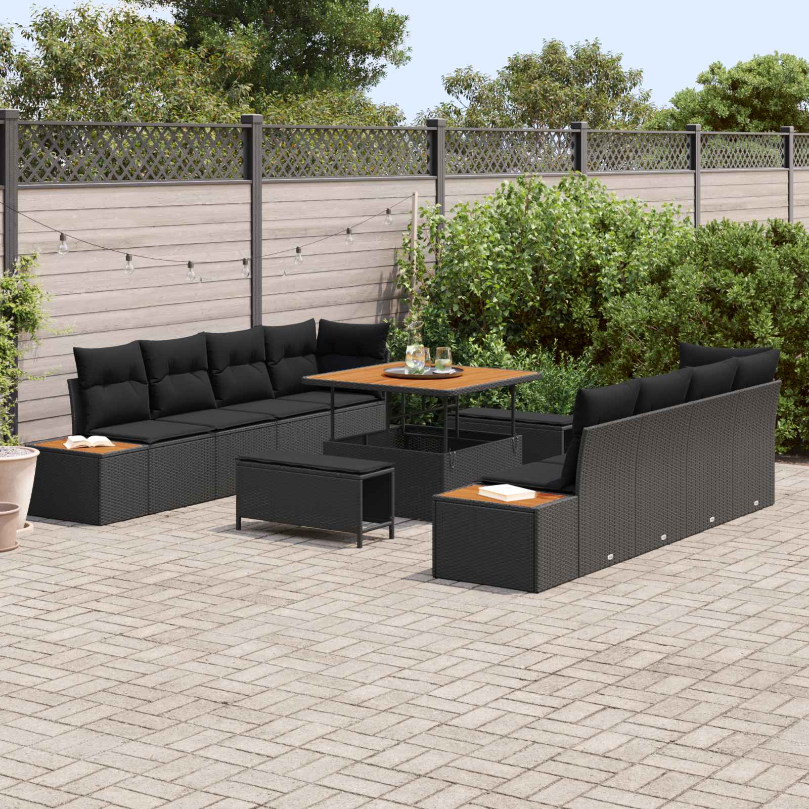 Gartensofa-set mit Kissen 11 pcs Schwarz Poly Rattan