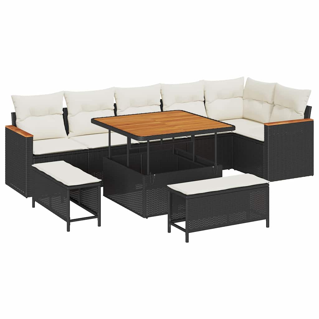 Gartensofa-set mit Kissen 9 pcs Schwarz Poly Rattan