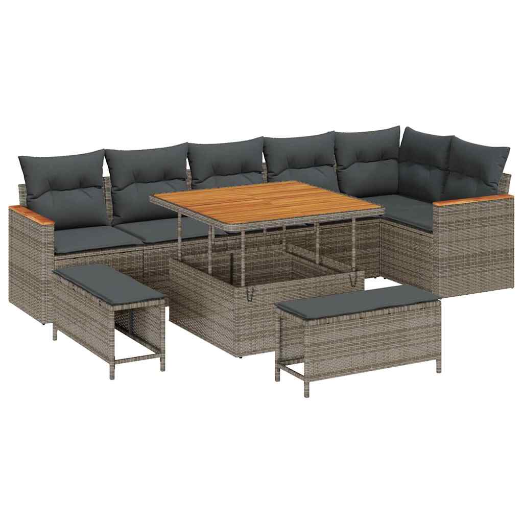Gartensofa-set mit Kissen 9 pcs Grau Poly Rattan