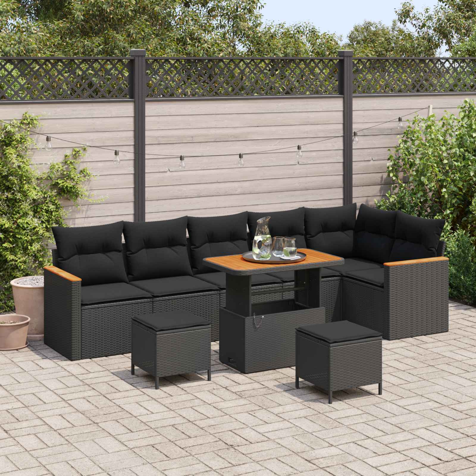 Garten-Sofa-Set mit Kissen mit Speicher Schwarz Poly Rattan