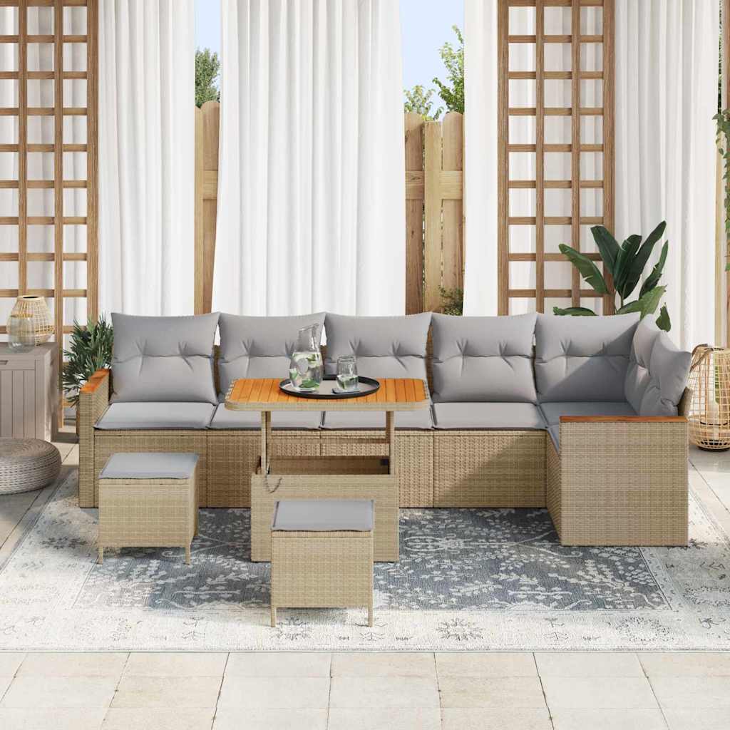 Garten-Sofa-Set mit Kissen mit Speicher Beige Poly Rattan