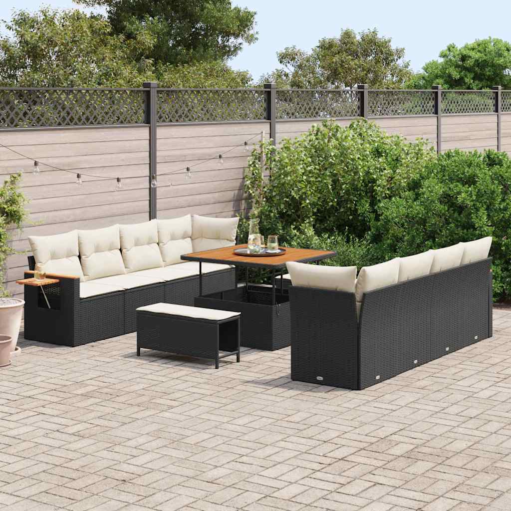 Gartensofa-set mit Kissen 12 pcs Schwarz und Creme Poly-Rattan