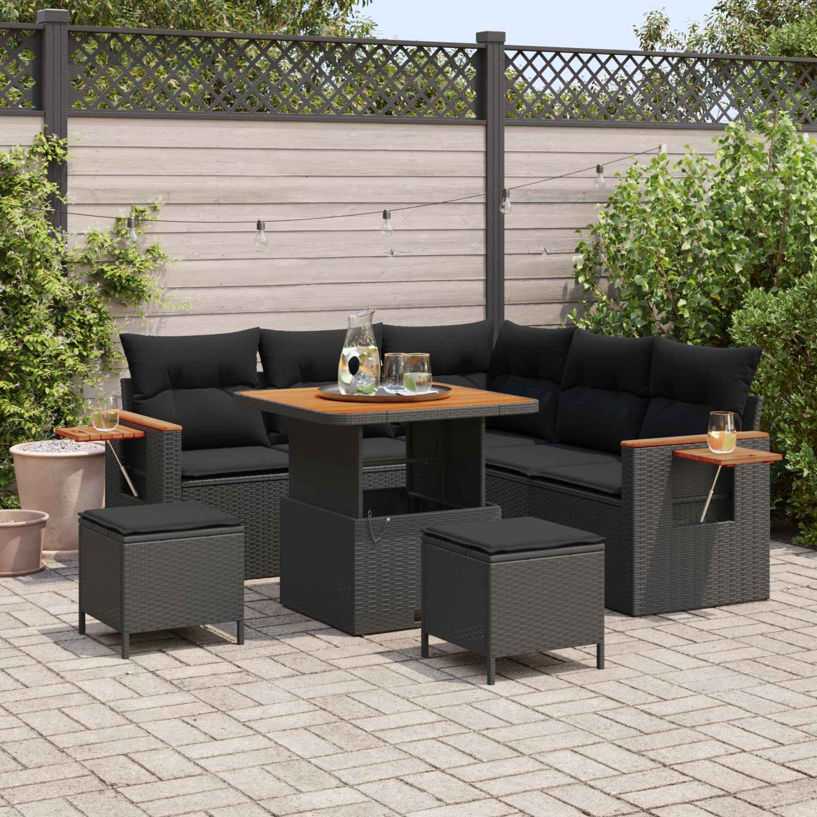 Gartensofa-set mit Kissen 9 pcs Schwarz Poly-Rattan