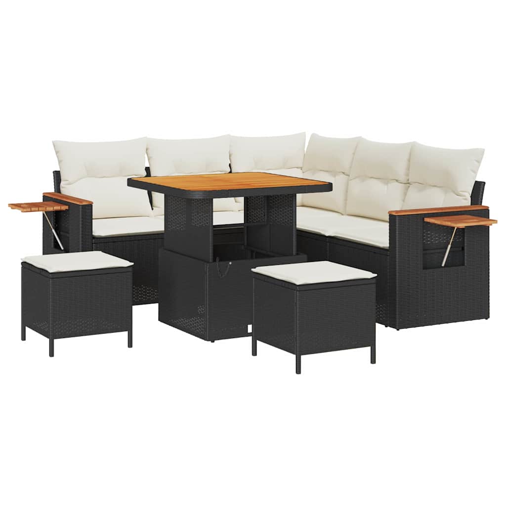 Gartensofa-set mit Kissen 9 pcs Schwarz und Creme Poly-Rattan