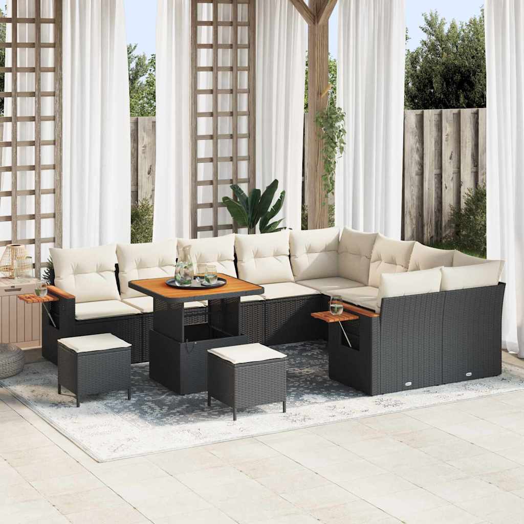 Gartensofa-set mit Kissen 13 pcs Schwarz und Creme Poly-Rattan