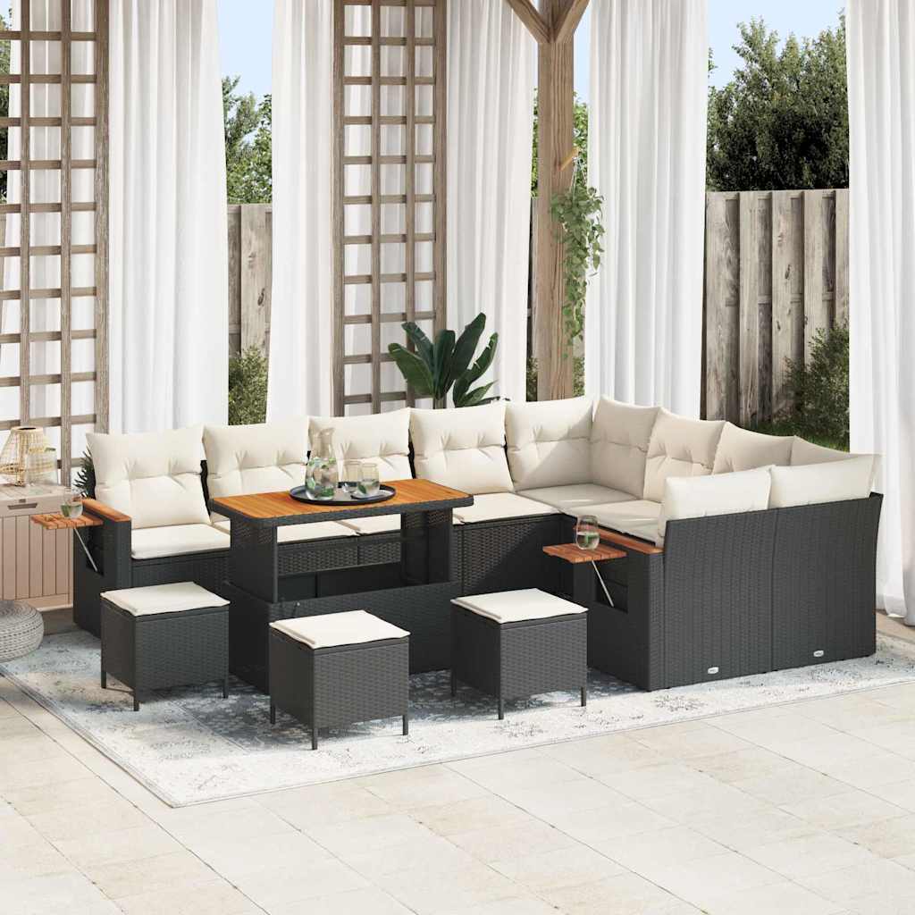 Gartensofa-set mit Kissen 14 pcs Schwarz und Creme Poly-Rattan