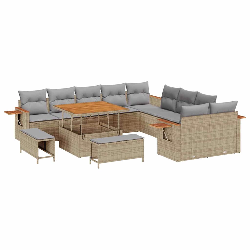 Gartensofa-set mit Kissen 17 pcs Beige und Hellgrau Poly-Rattan