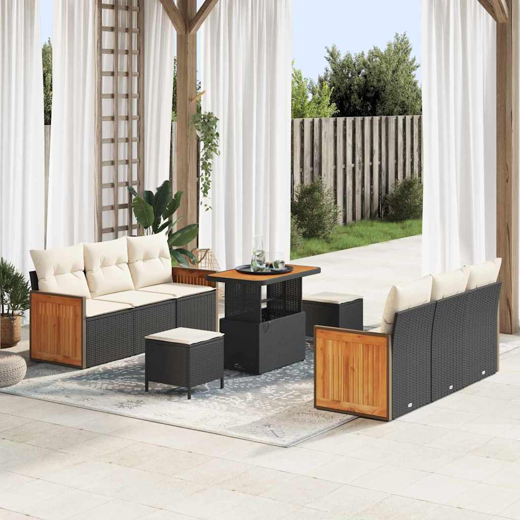 Gartensofa-set mit Kissen 11 pcs Schwarz und Creme Poly-Rattan