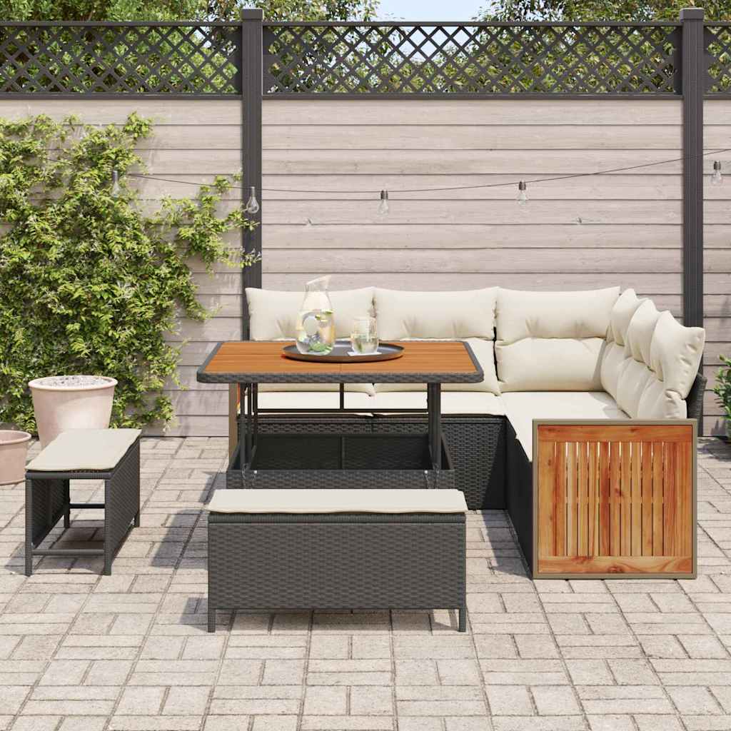 Gartensofa-set mit Kissen 9 pcs Schwarz und Creme Poly-Rattan