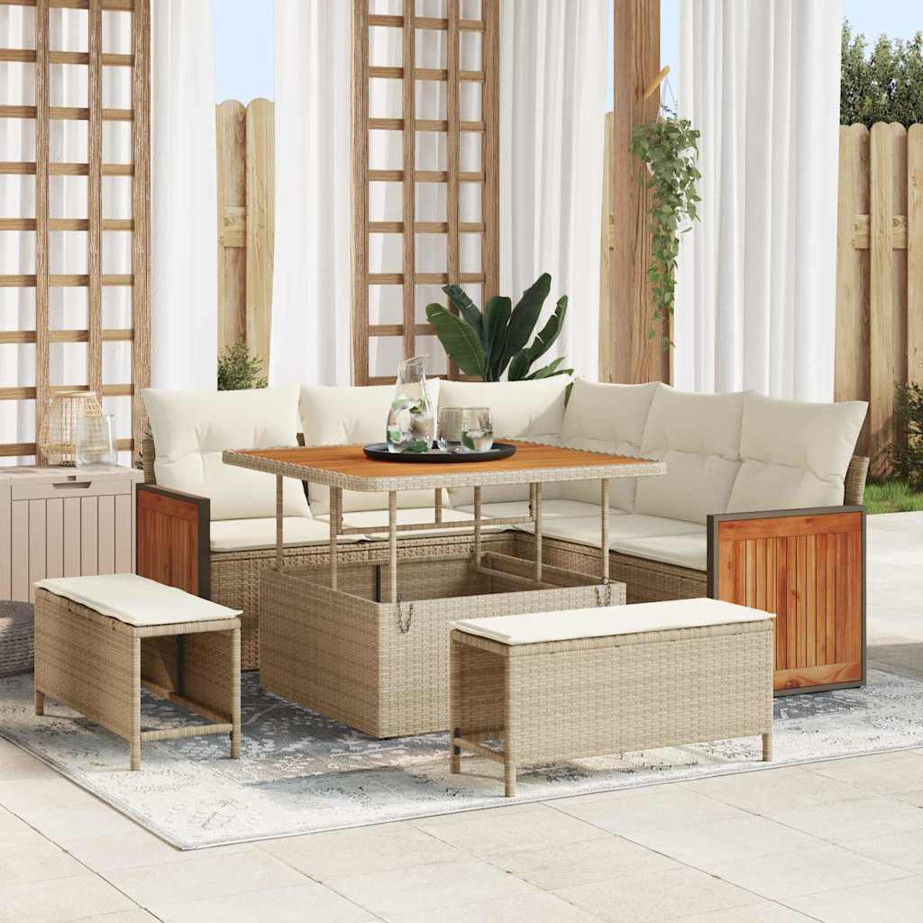 Gartensofa-set mit Kissen 9 pcs Beige und Creme Poly-Rattan