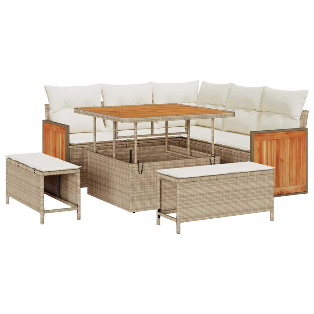 Gartensofa-set mit Kissen 9 pcs Beige und Creme Poly-Rattan