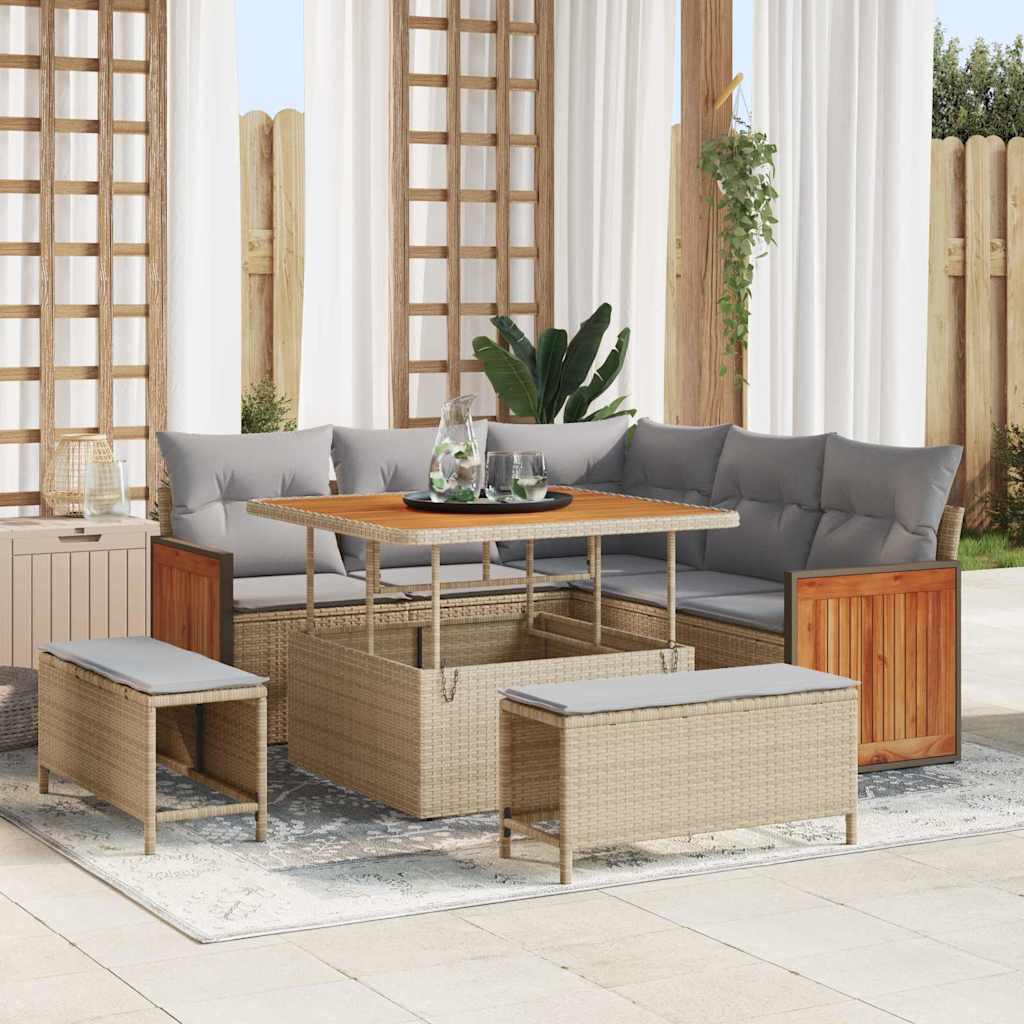 Gartensofa-set mit Kissen 9 pcs Beige und Hellgrau Poly-Rattan