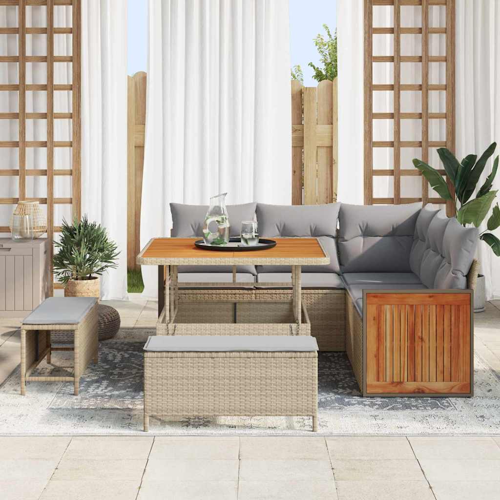 Gartensofa-set mit Kissen 9 pcs Beige und Hellgrau Poly-Rattan