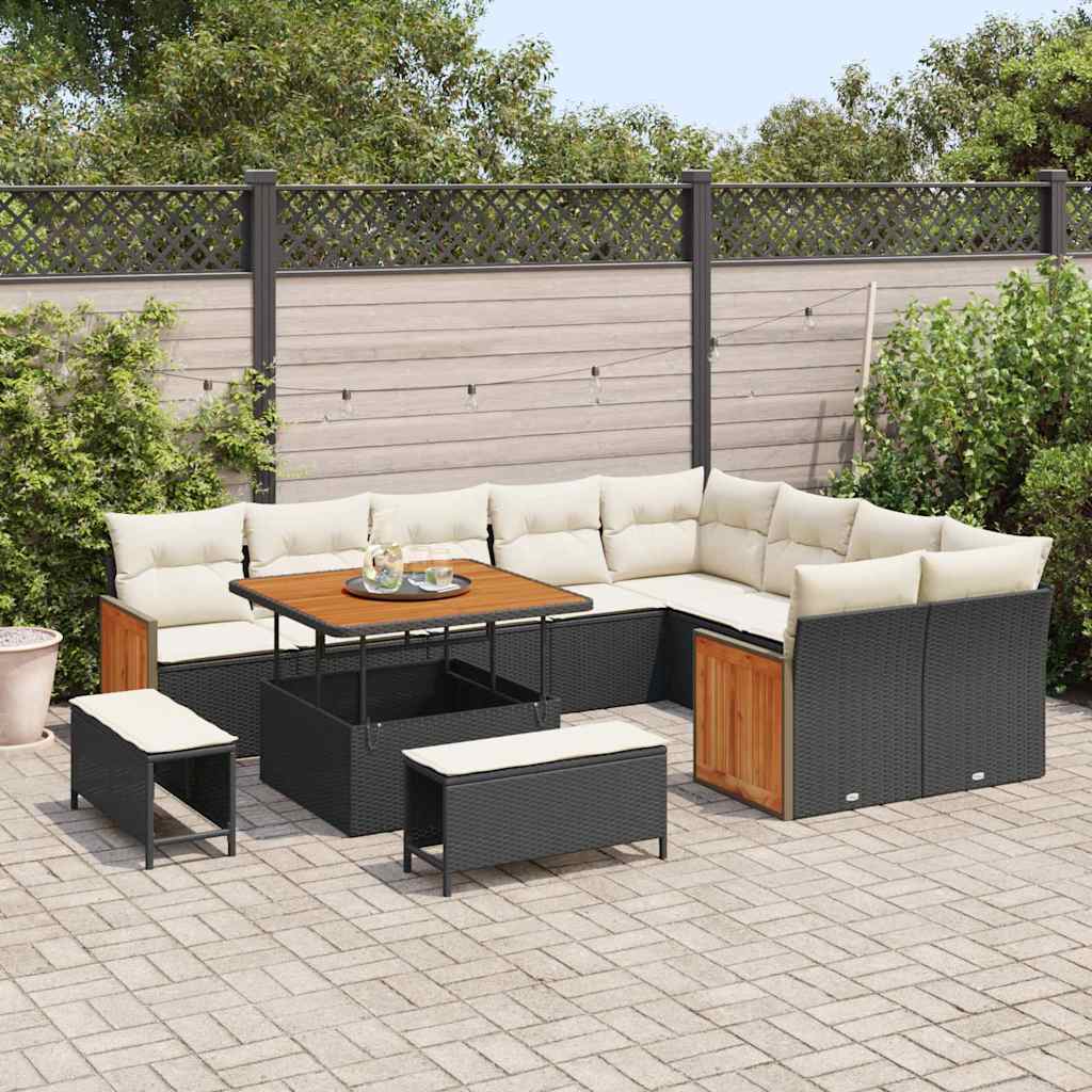 Gartensofa-set mit Kissen 13 pcs Schwarz und Creme Poly-Rattan