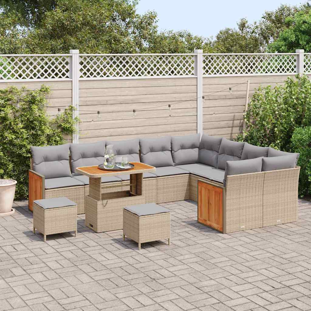 Gartensofa-set mit Kissen 13 pcs Beige und Hellgrau Poly-Rattan